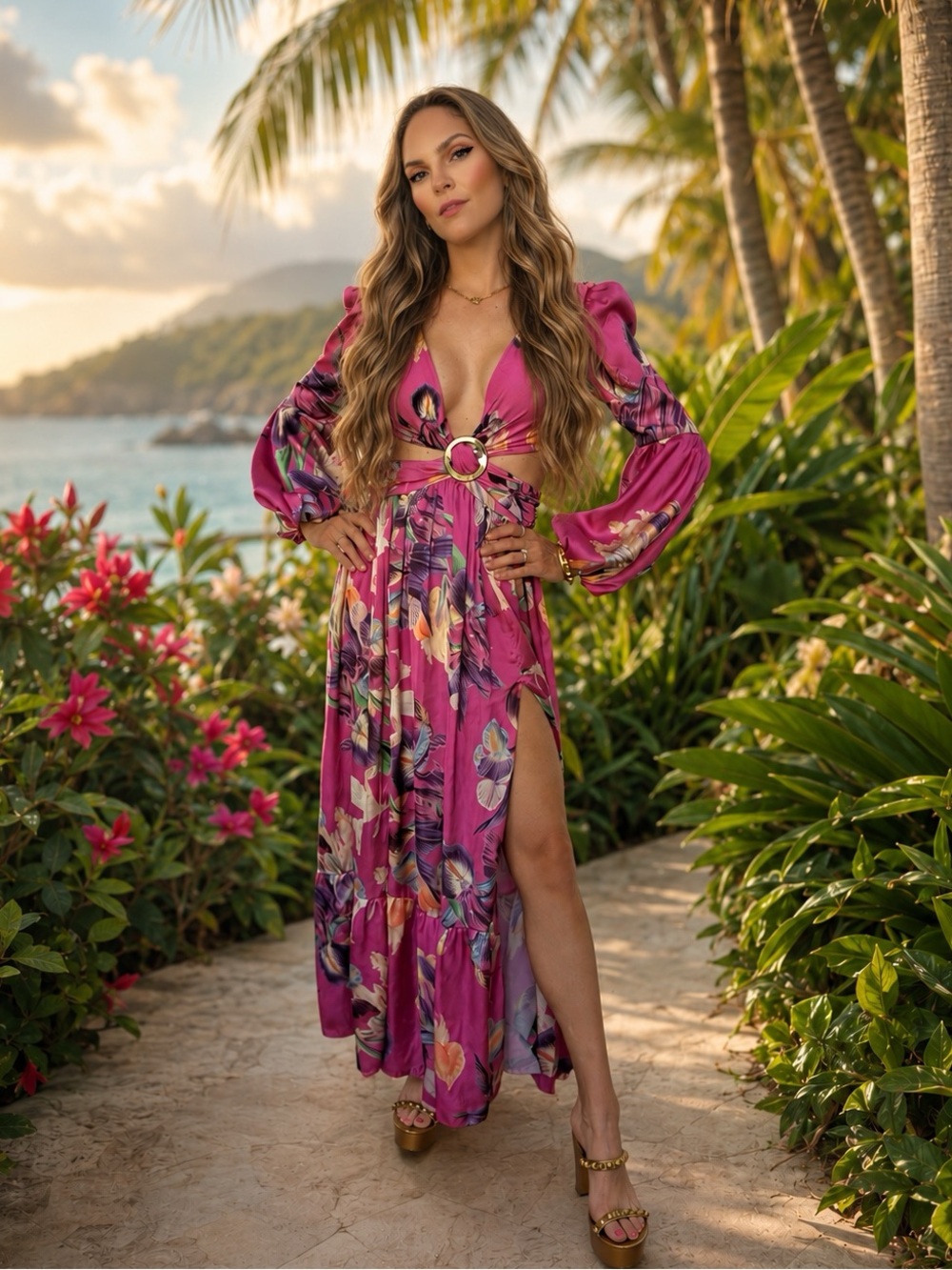 PatBO Pink Floral Cutout Maxi Dress